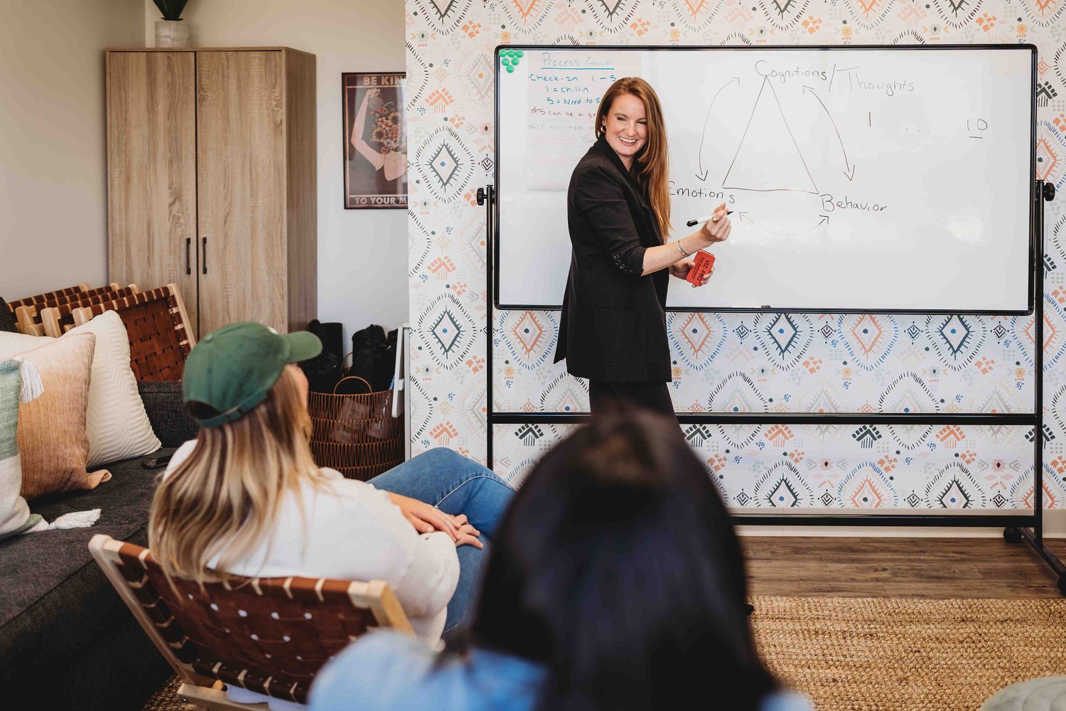 Group Therapy; a smiling woman drawing a triangle on a whiteboard, illustrating a cycle of Cognition/thoughts, emotions, and behavior to a group of women sitting behind her