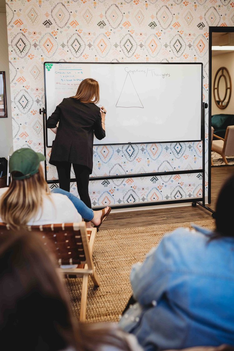 Group Therapy; a woman writing on a whiteboard. There is a group of women sitting behind her