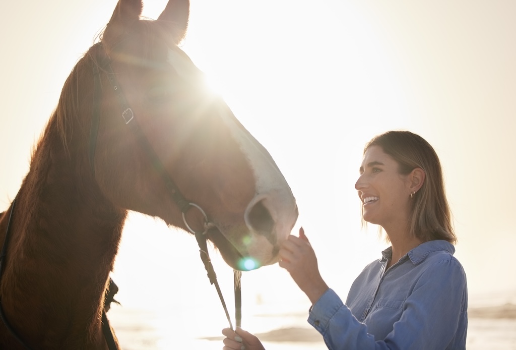 Woman, smile and horse in nature