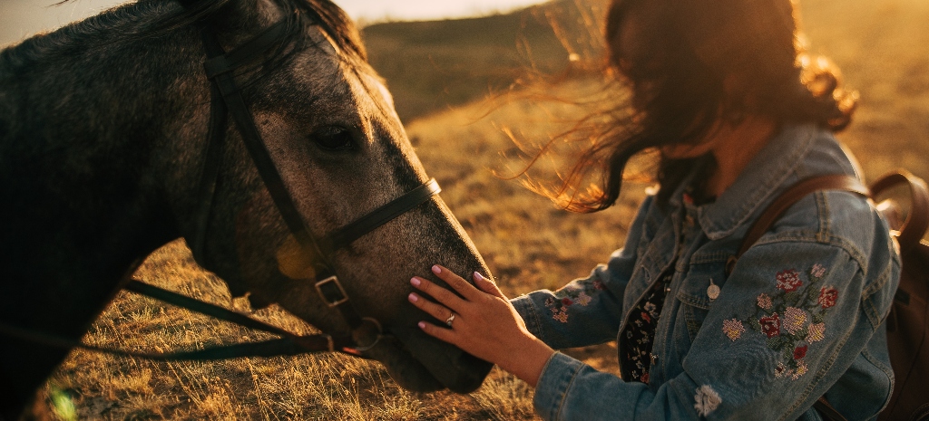 Woman with horse at sunset