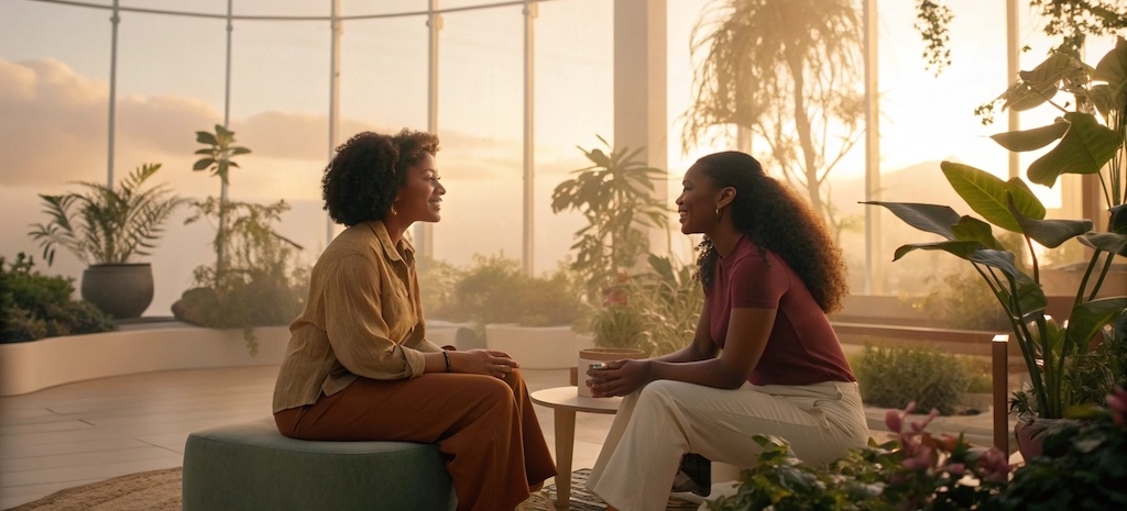 Two diverse women having a supportive conversation in a bright, airy wellness center with plants and natural light, warm and inviting atmosphere, soft pastels, mental health support
