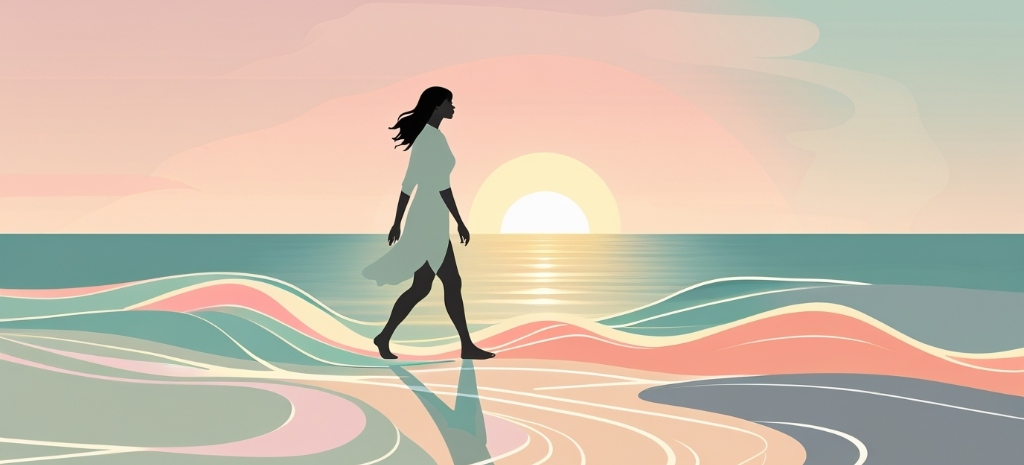 Minimalist feminine illustration, modern mental health aesthetic. A woman’s silhouette walking along a soft beach horizon with gentle light ahead, symbolizing a new beginning. Flowing pastel waves and lines move forward with her, representing progress and healing. Beach-inspired sunrise palette (seafoam green, sandy beige, blush coral, soft pink), calming gradients, feminine and elegant style, no text.