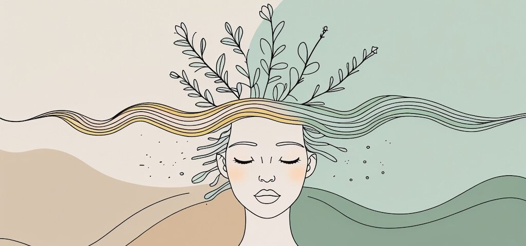 Minimalist line art of a woman’s silhouette with soft pastel waves or floral lines rising from her head, symbolizing healing thoughts. Beach-inspired gradient background in mint green and sandy beige. Gentle, calming, elegant aesthetic.