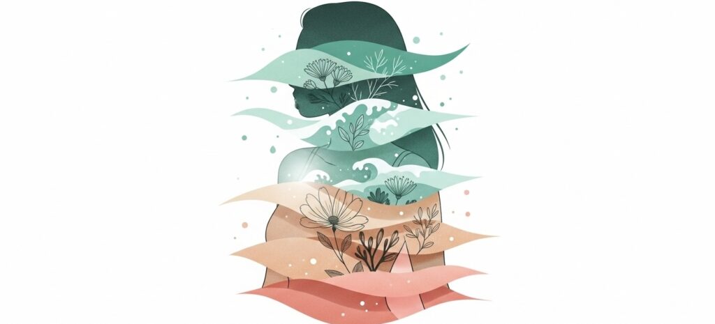 Minimalist feminine illustration, modern mental health aesthetic. A woman’s silhouette partially hidden behind soft overlapping translucent waves and floral layers, symbolizing the hidden nature of complex trauma. Gentle light softly breaks through the layers, suggesting awareness and healing. Beach-inspired pastel palette (seafoam green, sandy beige, blush coral), calming gradients, feminine and elegant style, no text.