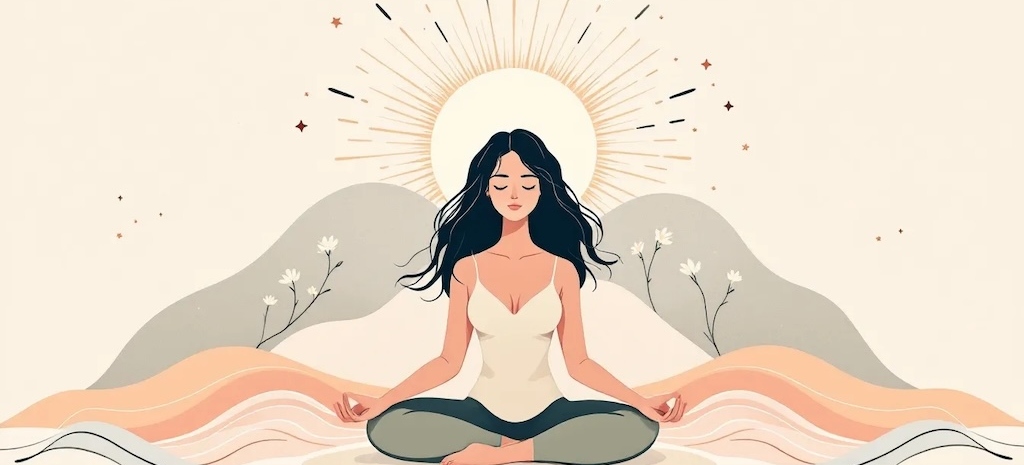 Minimalist feminine illustration, modern mental health aesthetic. A woman in a calm meditative pose with soft flowing lines, waves, and floral motifs radiating upward, symbolizing holistic healing from trauma. Gentle layered shapes around her body represent mind, body, and spirit integration. Beach-inspired pastel colors (seafoam green, sandy beige, muted coral), calming gradients, feminine and elegant style, no text.