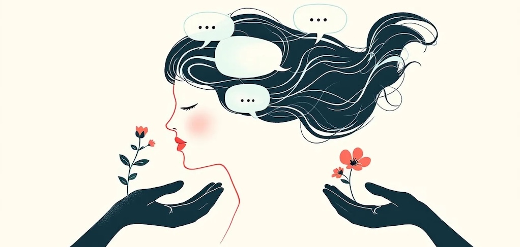 Minimalist feminine illustration, modern mental health aesthetic. A woman’s silhouette with soft pastel lines and multiple translucent speech bubbles flowing out from her head, symbolizing overexplaining and apologizing. Gentle shadowy hands reach toward her while she offers out small flowers, representing people-pleasing.