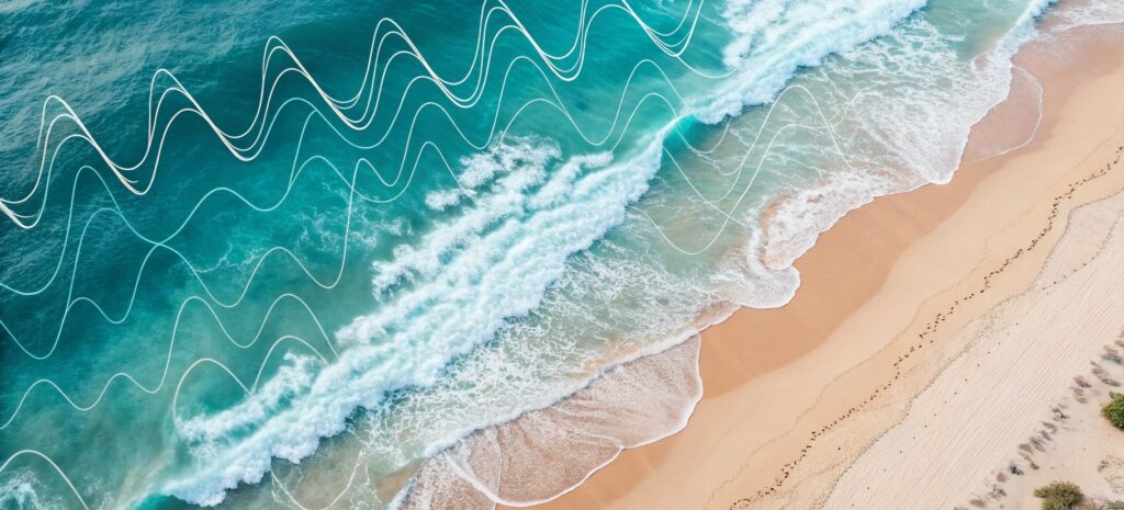 Abstract flat illustration representing neuroception — the body’s safety detection system. Overlapping wave patterns transitioning from cool blue jagged lines (threat) to smooth coral and seafoam waves (safety). Feminine, modern, minimalist, pastel beach palette, no text.