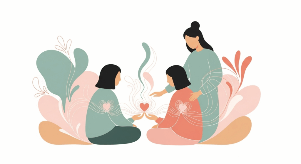 Flat modern feminine illustration symbolizing social connection and co-regulation in nervous system healing. Two or three soft, minimal female figures surrounded by flowing wave lines or floral patterns connecting through heart and hands. Calming beach-inspired palette with seafoam green, blush pink, muted coral, and sand beige. Minimalist, gentle, trauma-informed design, no text.