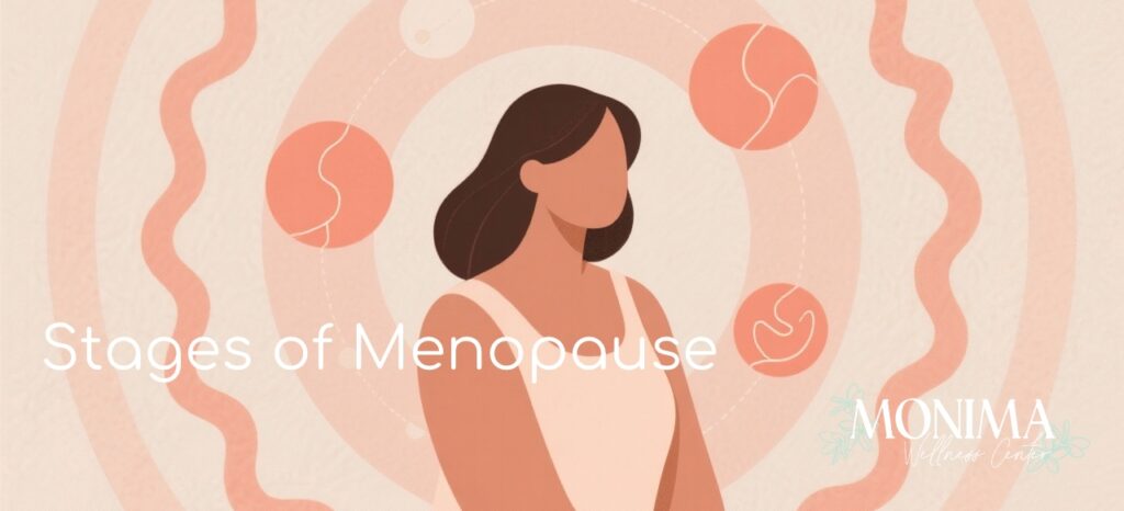 Abstract flat feminine art showing a woman surrounded by circular or wave patterns symbolizing hormonal cycles and life changes through menopause. Gentle, warm tones of blush, beige, and muted coral. Modern, minimalist mental health and wellness illustration style