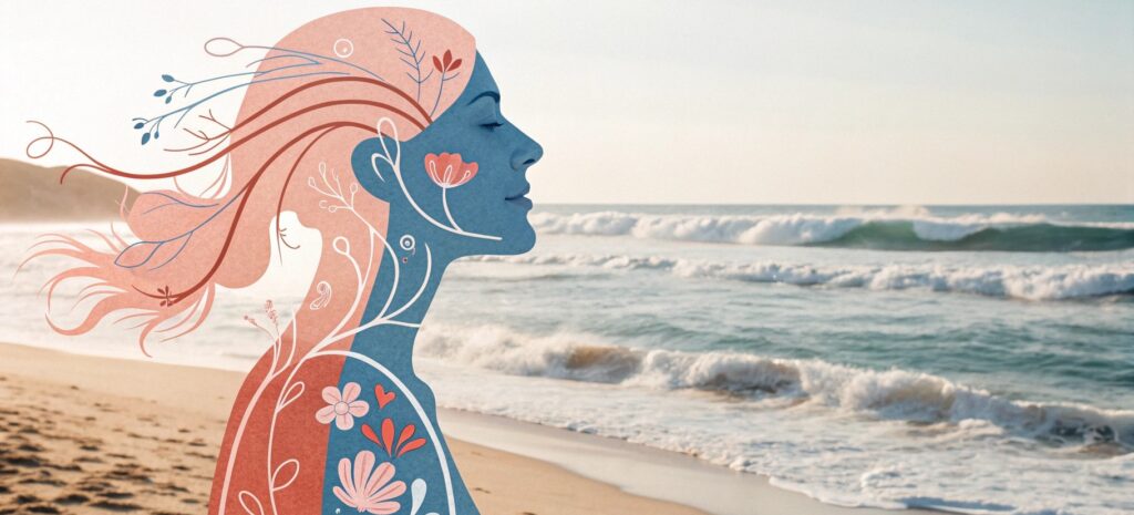Flat modern feminine illustration symbolizing the two branches of the vagus nerve. Abstract female figure with two flowing lines moving from head through heart: one warm coral (ventral vagal – calm connection) and one cool muted blue (dorsal vagal – shutdown). Soft gradients, wave-like motion, and floral accents. Pastel beachy palette in blush, seafoam, sand, and off-white. Calming, trauma-informed aesthetic, no text.