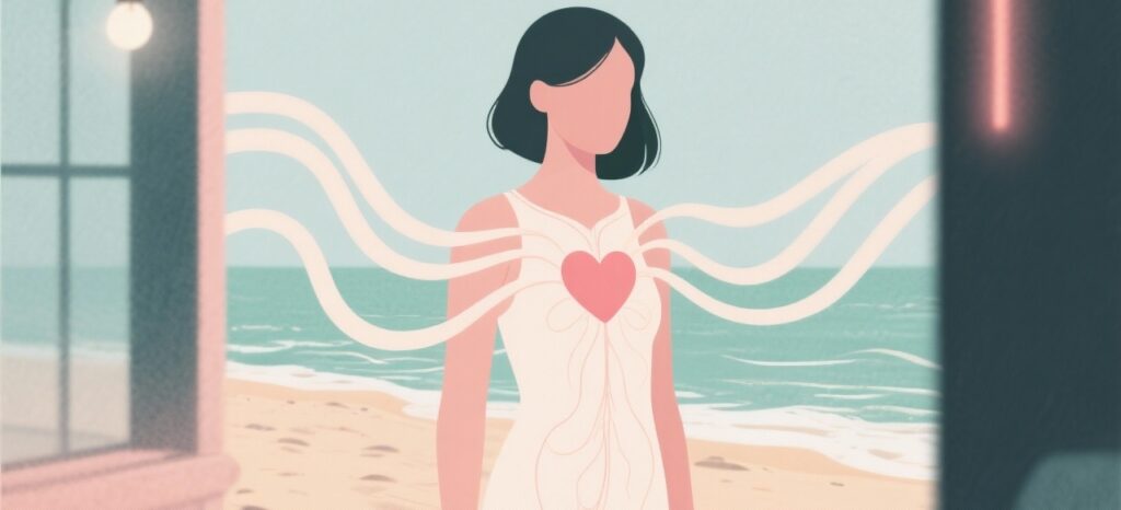 Flat modern illustration, soft feminine style. Abstract woman surrounded by gentle flowing wave lines connecting head, heart, and body, symbolizing nervous system regulation and safety (polyvagal theory). Beach-inspired pastel colors: seafoam green, blush, sand, and off-white. Calming, elegant, no text.