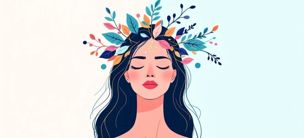 Feminine figure with eyes closed and organic leaves or golden lines growing from her head, symbolizing wisdom, empowerment, and regulation. Soft blush and seafoam palette, flat modern style, no text.