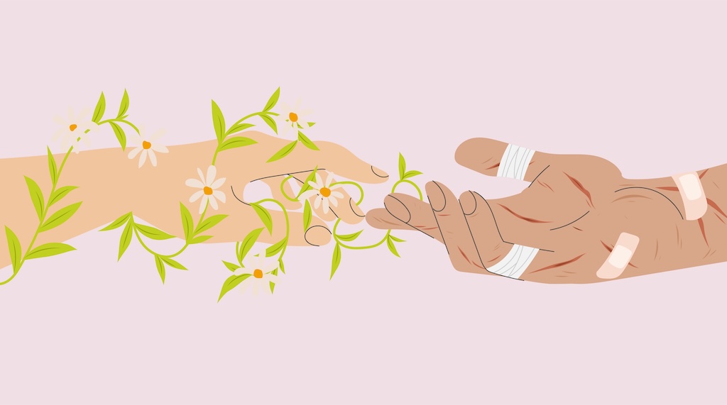 An illustration of two hands reaching toward each other—one adorned with flowering vines, the other wrapped in bandages—symbolizing healing, connection, and the gradual process of recovery.