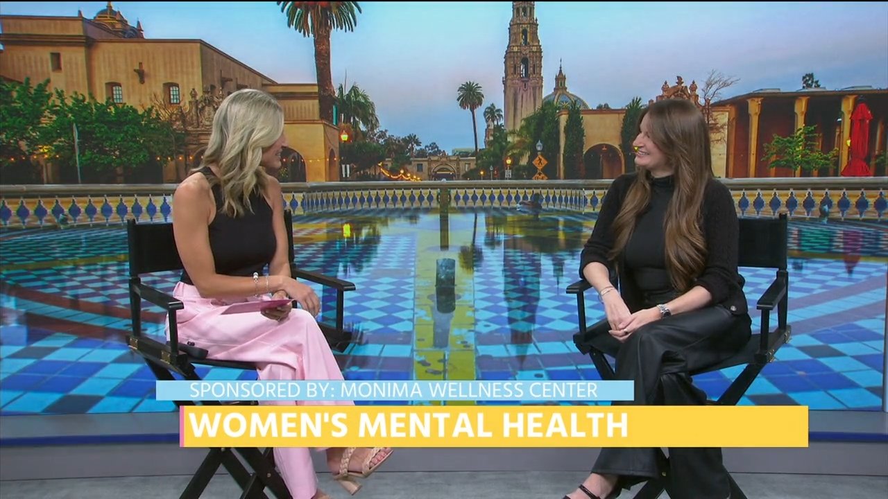 Clinical Director Kat Grassetti speaking with a FOX 5 San Diego host during a segment about women’s mental health sponsored by Monima Wellness Center.