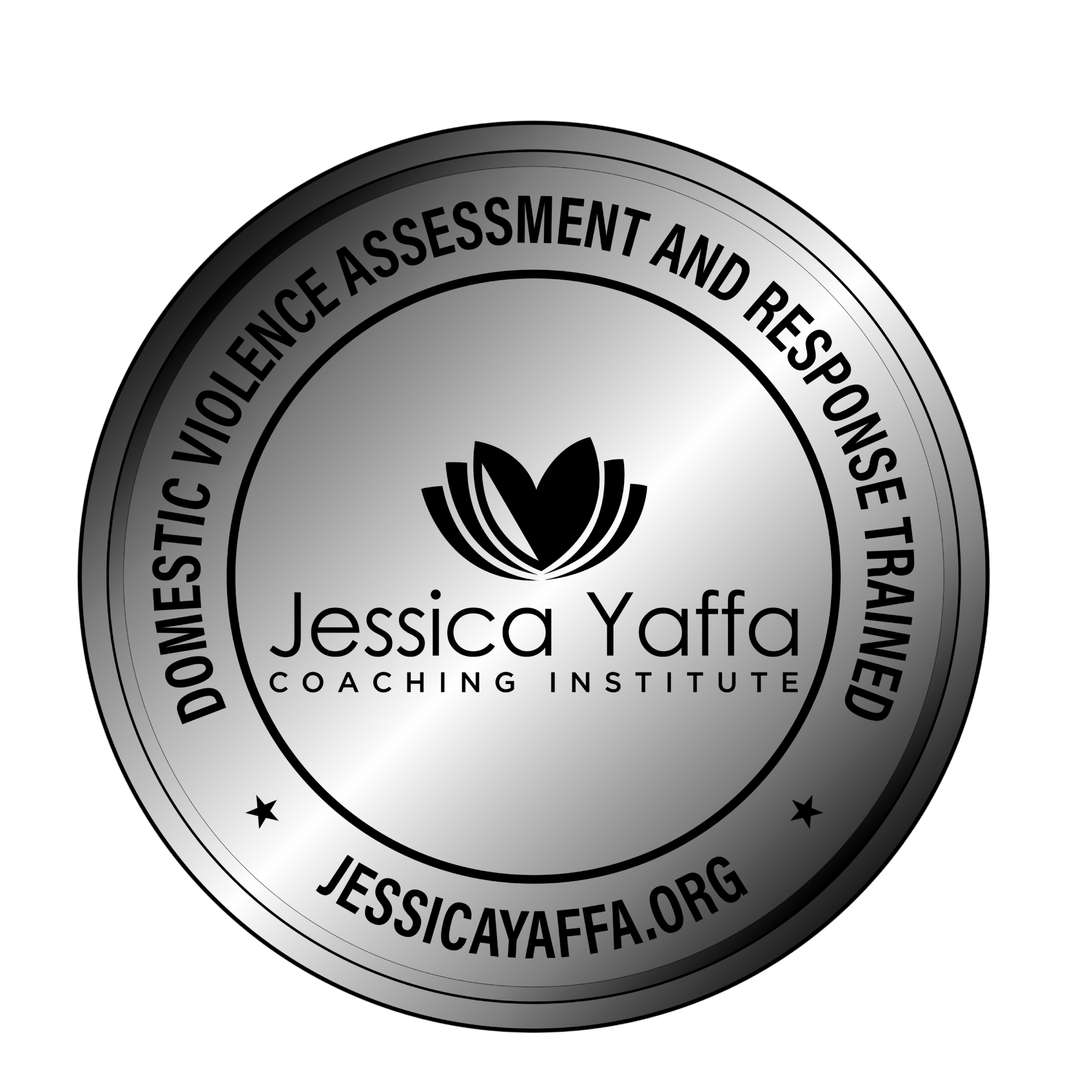 Silver certification-style badge for the Jessica Yaffa Coaching Institute reading “Domestic Violence Assessment and Response Trained” with the Jessica Yaffa Coaching Institute logo in the center and “JessicaYaffa.org” along the bottom border.