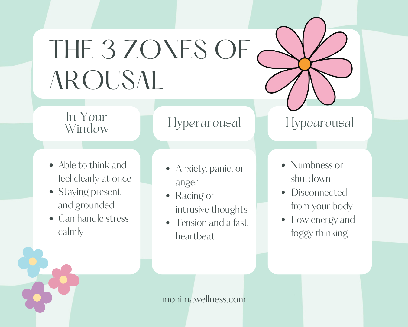 Infographic explaining the three zones of arousal: being within your window of tolerance, hyperarousal, and hypoarousal, with common signs of each.