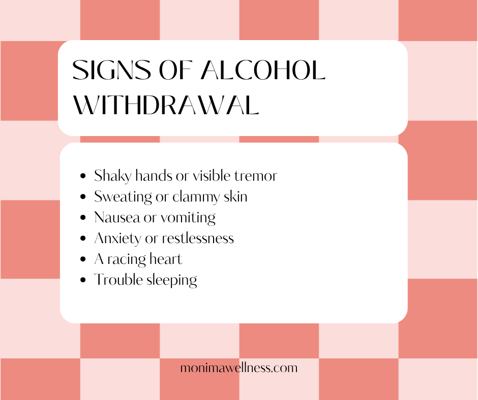 Infographic titled Signs of Alcohol Withdrawal listing six symptoms: shaky hands or visible tremor, sweating or clammy skin, nausea or vomiting, anxiety or restlessness, a racing heart, and trouble sleeping.