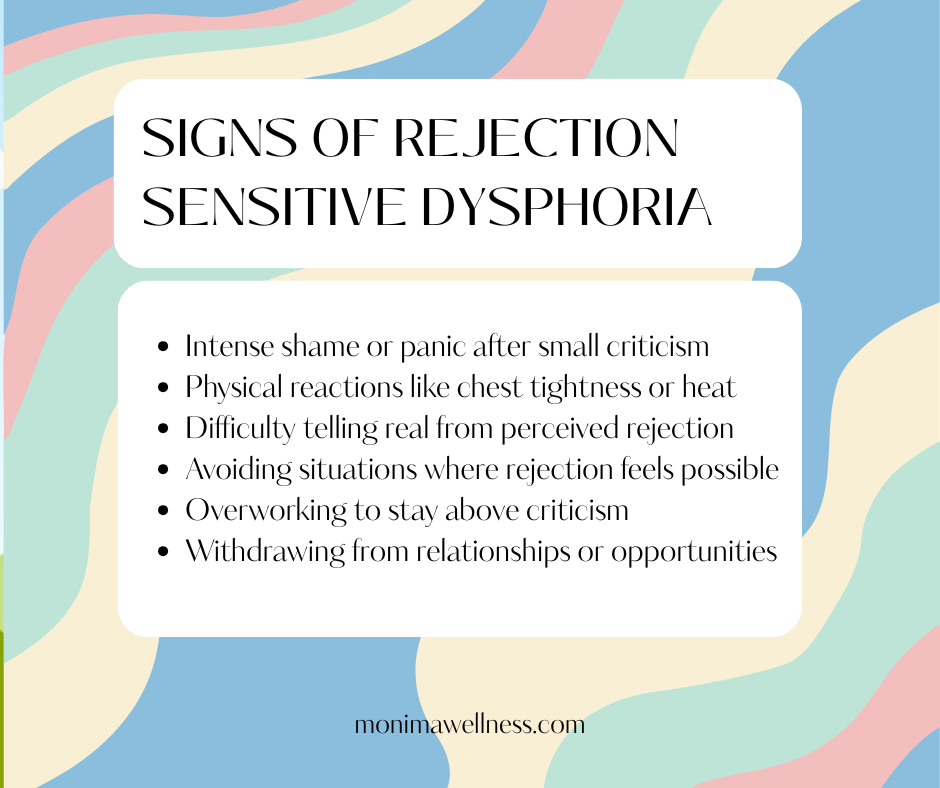 Signs of rejection sensitive dysphoria, including intense shame after criticism, physical reactions, perceived rejection, avoidance, overworking, and withdrawal.