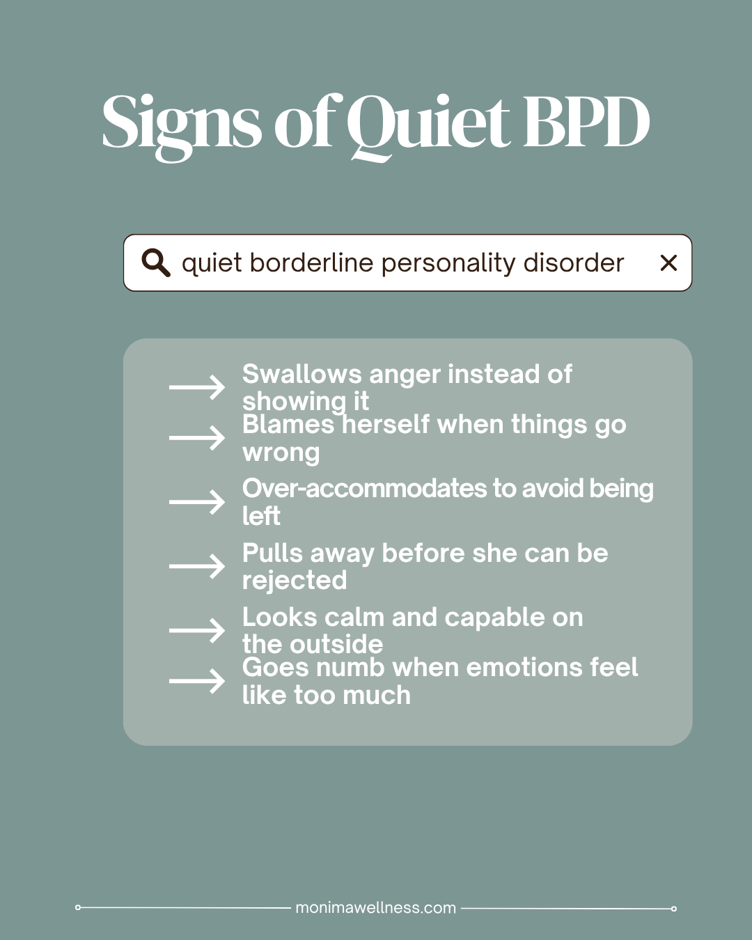 Signs of quiet BPD include suppressing anger, self-blame, over-accommodating others, withdrawing to avoid rejection, appearing calm externally, and feeling emotionally numb.