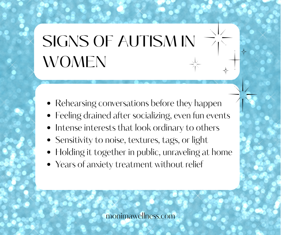Infographic listing signs of autism in women, including social exhaustion, intense interests, sensory sensitivities, and masking.